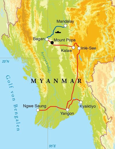 Routekaart Rundreise Myanmar, 21 Tage