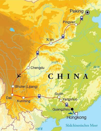 Routekaart Rundreise China, 24 Tage 