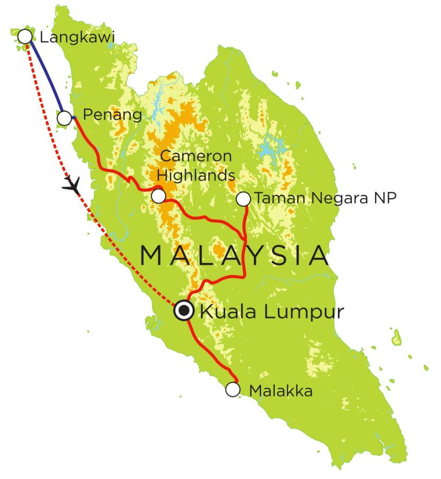 Routekaart Familienreise Malaysia, 20 Tage