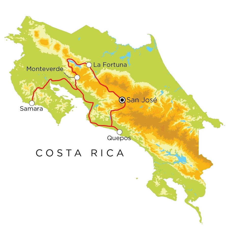Routekaart Familienreise Costa Rica, 14 Tage