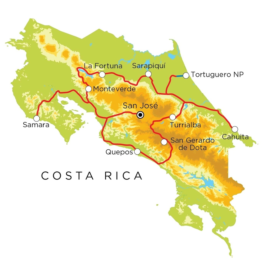Routekaart Familienreise Costa Rica, 20 Tage