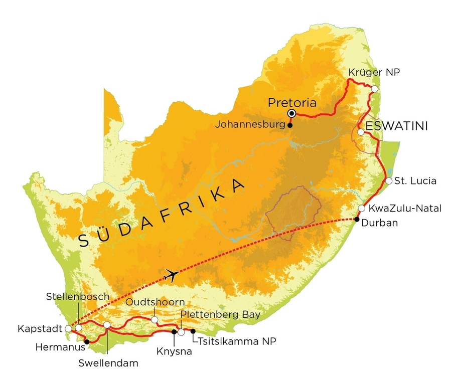 Routekaart Familienreise Südafrika mit Krüger Nationalpark & Eswatini, 21 Tage