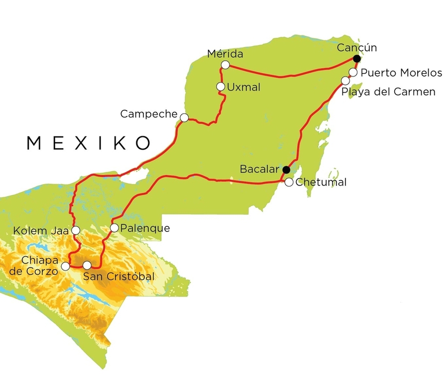 Routekaart Familienreise Mexiko, 19 Tage