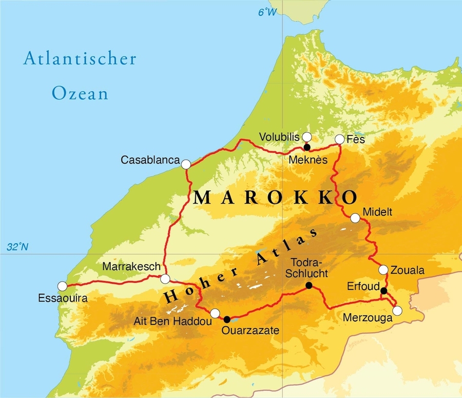 Routekaart Familienreise Marokko, 15 Tage
