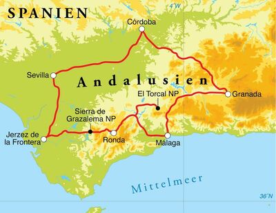 Routenverlauf Rundreise Spanien (Andalusien), 12 Tage