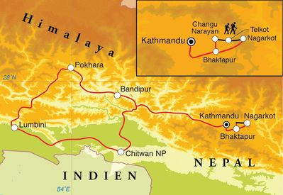 Routenverlauf Rundreise Nepal, 16 Tage