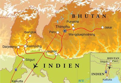 Routenverlauf Rundreise Bhutan & Sikkim, 20 Tage 