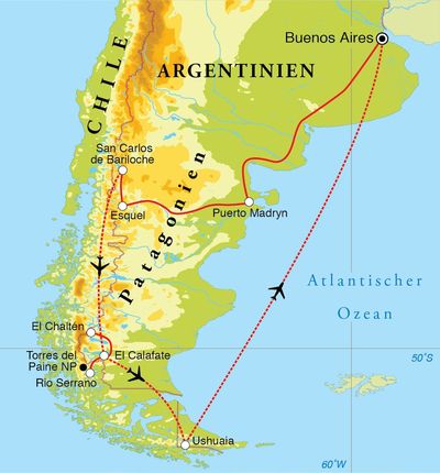 Routenverlauf Rundreise Argentinien & Chile, 23 Tage