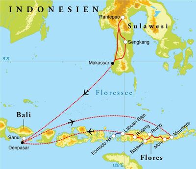 Routenverlauf Rundreise Indonesien: Sulawesi, Flores, Komodo NP & Bali, 22 Tage 
