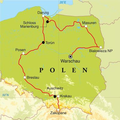 Routenverlauf Rundreise Polen, 14 Tage