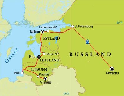 Routenverlauf Rundreise Baltikum & Russland, 18 Tage