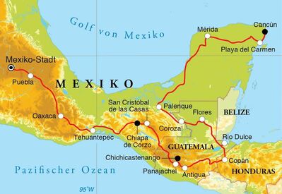 Routenverlauf Rundreise Mexiko & Guatemala mit Honduras, 24 Tage