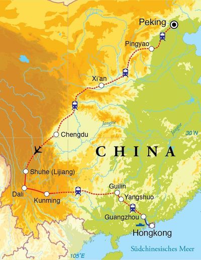 Routenverlauf Rundreise China, 24 Tage 