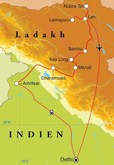 Routenverlauf Rundreise Ladakh, 22 Tage