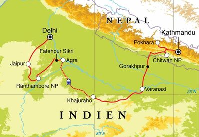 Routenverlauf Rundreise Nordindien & Nepal, 22 Tage 