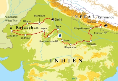 Routenverlauf Rundreise Rajasthan, Nordindien & Nepal, 29 Tage 