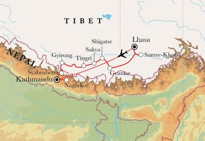 Routenverlauf Rundreise Tibet & Nepal, 21 Tage