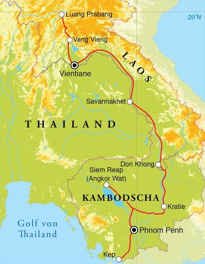 Routenverlauf Rundreise Laos & Kambodscha, 22 Tage