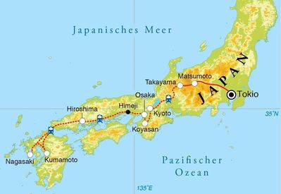Routenverlauf Rundreise Japan, 22 Tage
