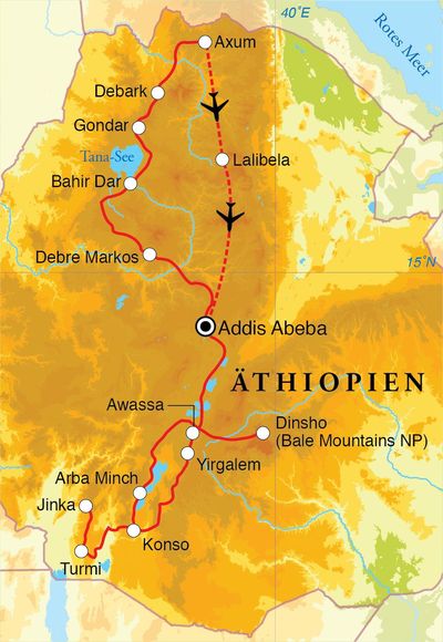 Routenverlauf Rundreise Äthiopien, 24 Tage