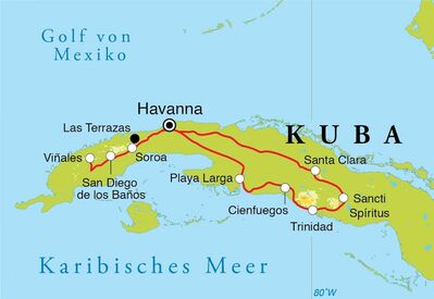 Routenverlauf Fahrradreise Kuba, 17 Tage 