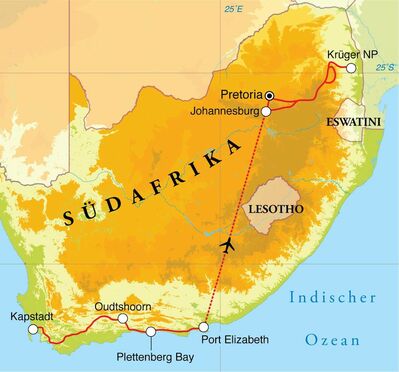 Routenverlauf Rundreise Südafrika, 15 Tage