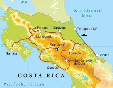 Routenverlauf Rundreise Costa Rica & Panama, 22 Tage / Costa Rica, 21 Tage