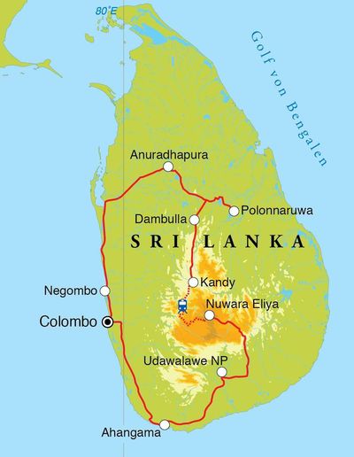 Routenverlauf Rundreise Sri Lanka, 15 Tage 