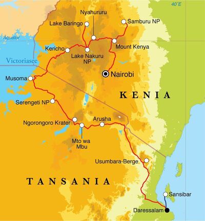 Routenverlauf Rundreise Kenia, Tansania & Sansibar, 21 Tage Zeltsafari 