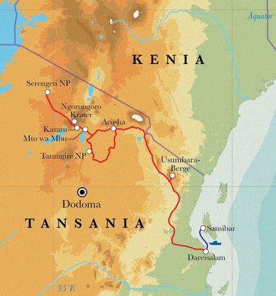 Routenverlauf Rundreise Tansania & Sansibar, 15 Tage Lodge- & Zeltsafari