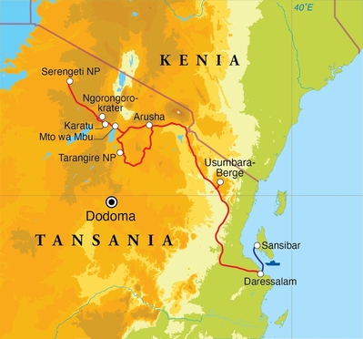Routenverlauf Rundreise Tansania & Sansibar, 15 Tage Lodge- & Zeltsafari