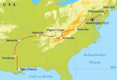 Routenverlauf Rundreise Von New Orleans nach New York, 18 Tage