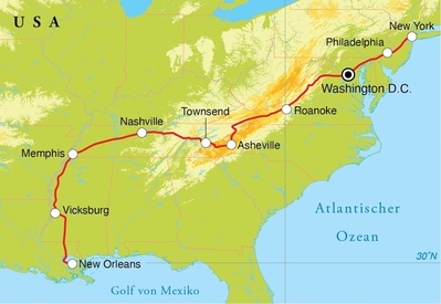 Routenverlauf Rundreise Von New Orleans nach New York, 18 Tage