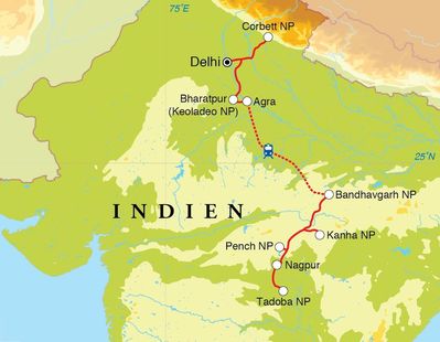 Routenverlauf Safarireise Indien, 18 Tage