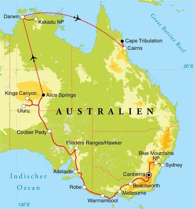 Routenverlauf Rundreise Australien, 28 Tage