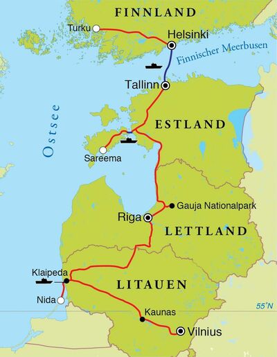 Routenverlauf Rundreise Baltikum & Finnland, 15 Tage