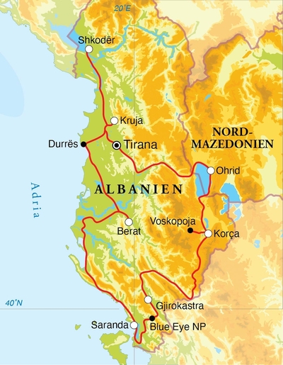 Routenverlauf Rundreise Albanien & Mazedonien, 15 Tage