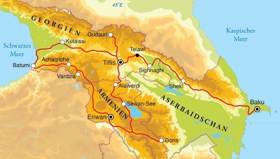 Routekaart Rundreise Aserbaidschan, Georgien & Armenien, 21 Tage