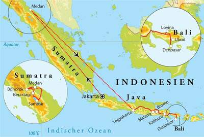Routekaart Rundreise Indonesien: Sumatra, Java & Bali, 21 Tage 