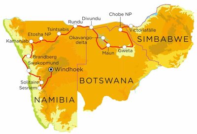 Routekaart Familienreise Namibia, Botswana & Simbabwe, 22 Tage