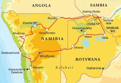 Routekaart Rundreise Namibia, Botswana & Victoriafälle, 20/21 Tage Zeltsafari oder Hotel- & Lodgesafari