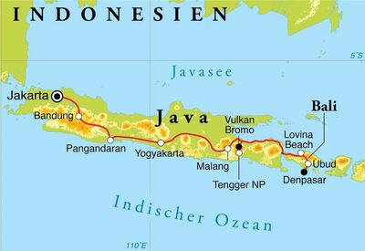 Routekaart Rundreise Indonesien: Java & Bali, 18 Tage