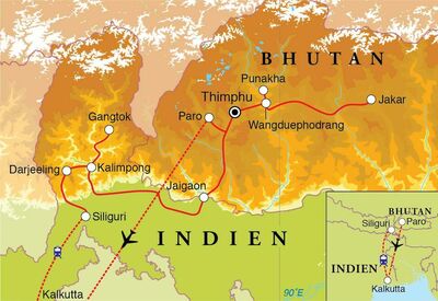 Routekaart Rundreise Bhutan & Sikkim, 20 Tage 