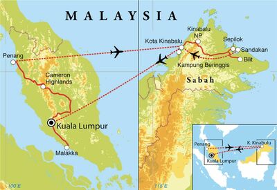 Routekaart Rundreise Malaysia, 20 Tage 