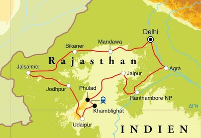 Routekaart Rundreise Rajasthan, 17 Tage