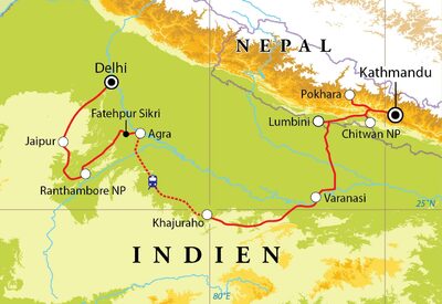 Routekaart Rundreise Nordindien & Nepal, 22 Tage  