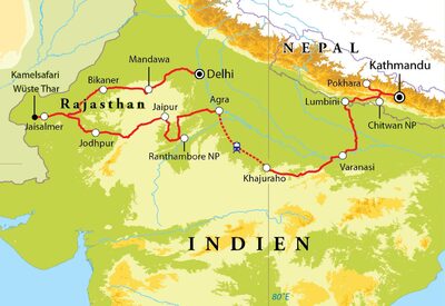 Routekaart Rundreise Rajasthan, Nordindien & Nepal, 29 Tage 