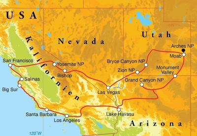 Routekaart Rundreise USA - der Westen, 22 Tage Zelt- und Hotelreise