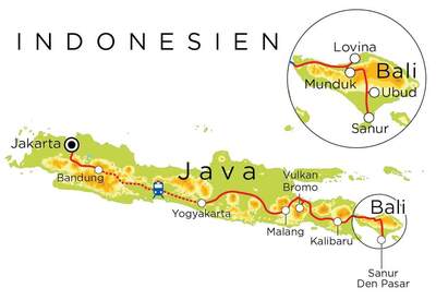 Routekaart Familienreise Indonesien: Java & Bali, 21 Tage