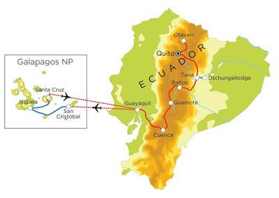 Routekaart Familienreise Ecuador & Galápagos, 21 Tage